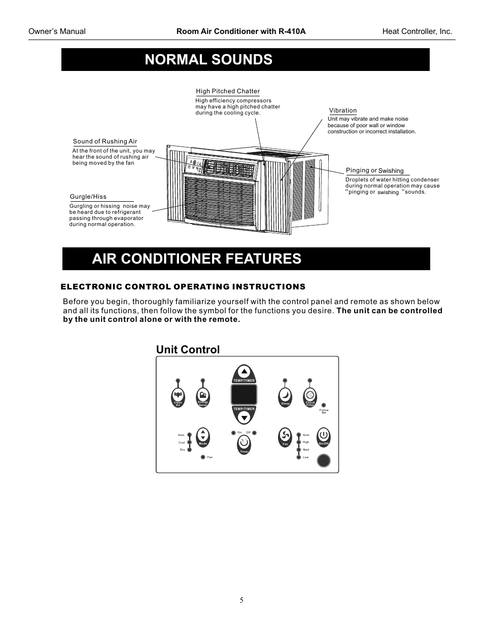 Normal sounds air conditioner features, Unit control, Unit control 5 | Cooling only models) (electric heating models), Electronic control operating instructions | Comfort-Aire RADS-253G User Manual | Page 6 / 20