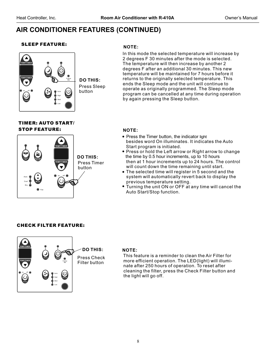 Air conditioner features(continued), Air conditioner features (continued), Press the timer button, the indicator | The time by 0.5 hour increments, up to 10 hours, Follow me feature, Light, On some models) | Comfort-Aire RADS-253G User Manual | Page 9 / 20