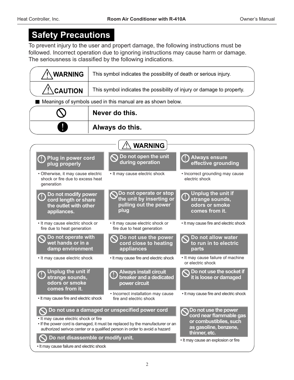 Safety precautions, Warning always do this. never do this, Caution | Warning | Comfort-Aire REG-123J User Manual | Page 3 / 20