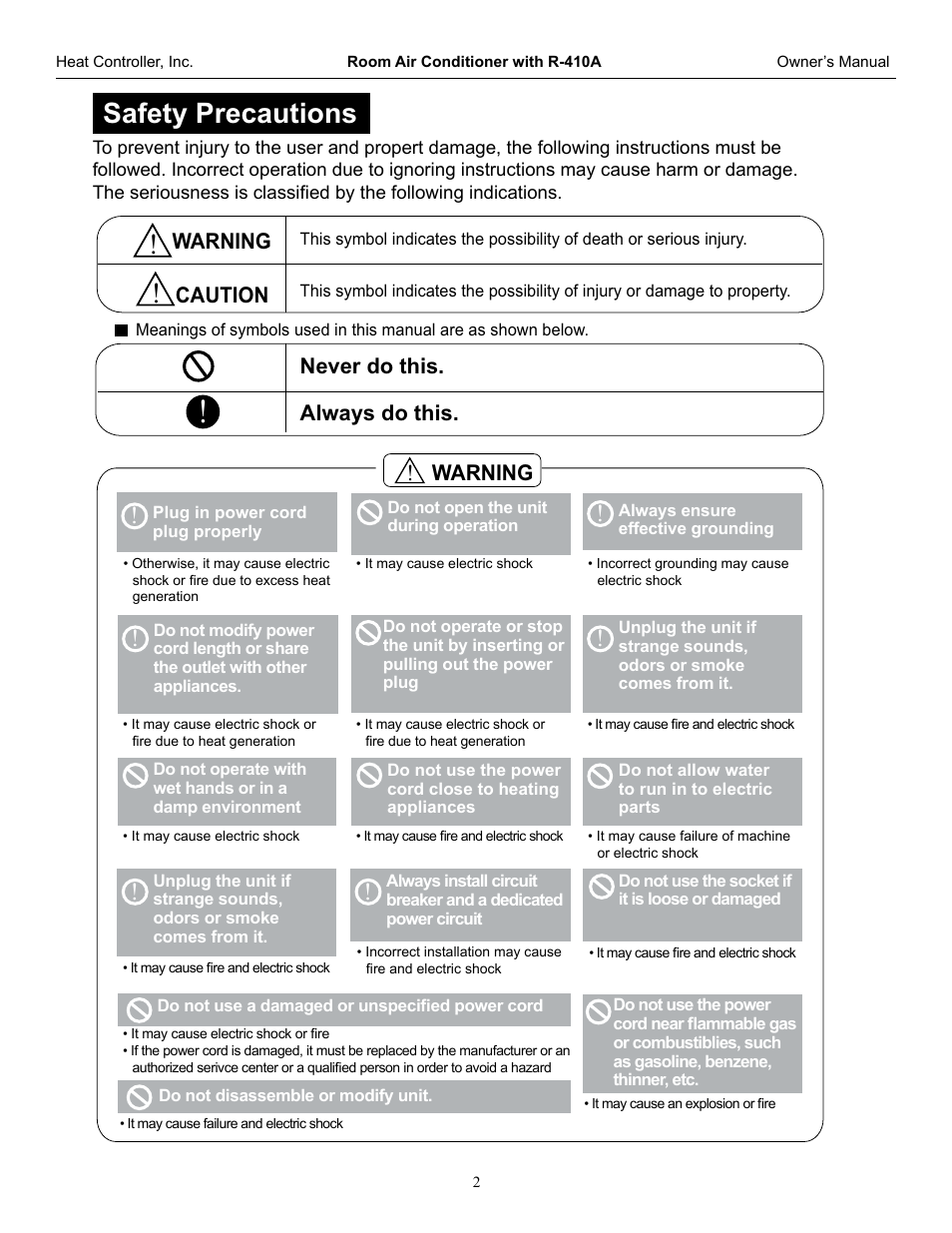 Safety precautions, Warning always do this. never do this, Caution | Warning | Comfort-Aire REG-253G User Manual | Page 3 / 19