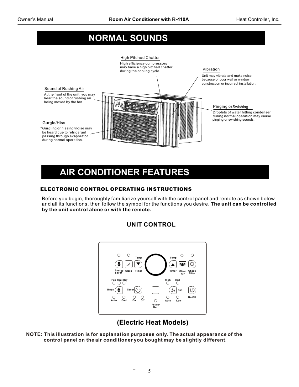 Normal sounds air conditioner features, Electric heat models), Unit control 5 | Unit control, Cooling only models) (electric heating models), Cooling only models) (reverse cycle models), Electronic control operating instructions | Comfort-Aire REG-253G User Manual | Page 6 / 19