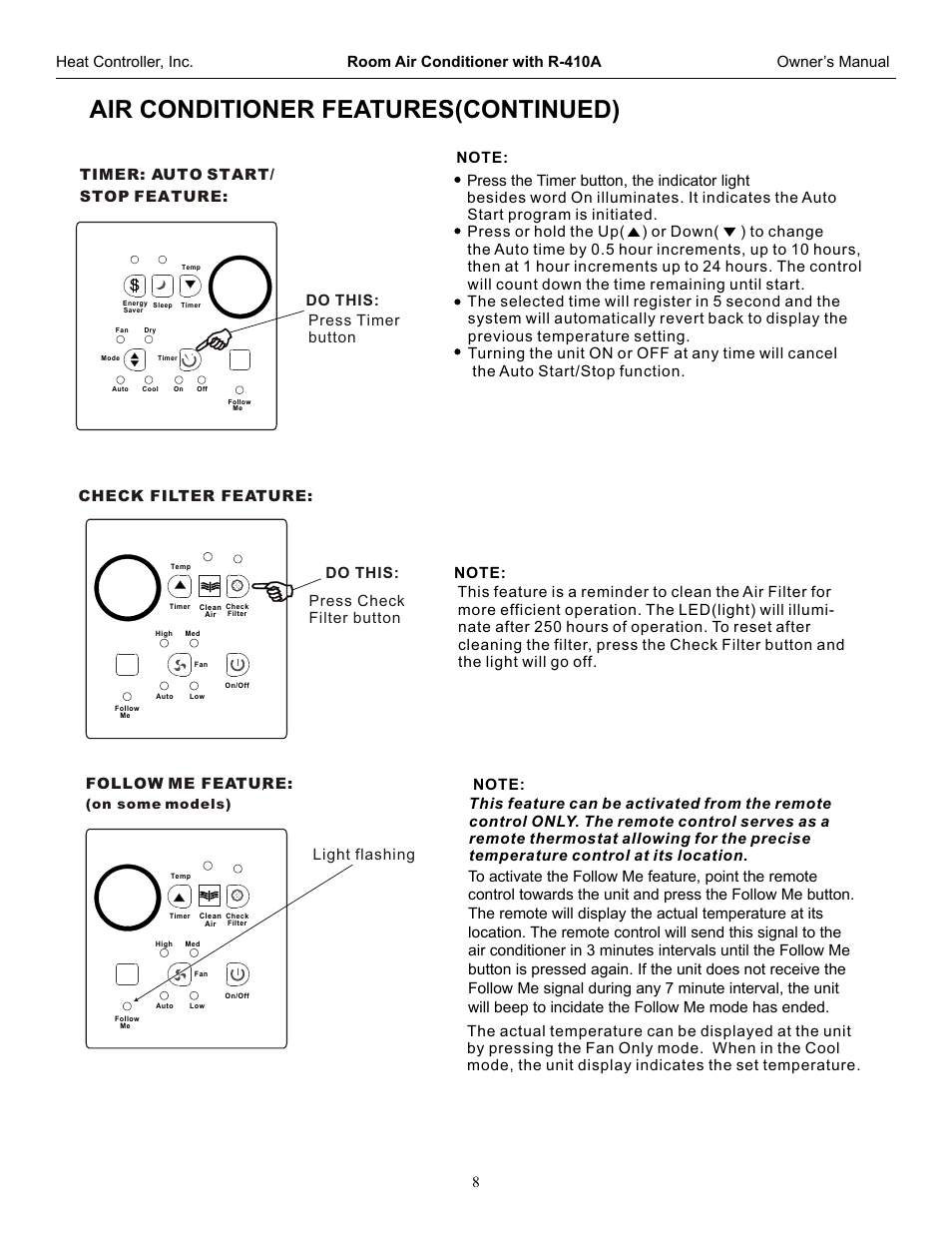 Air conditioner features(continued), Follow me feature | Comfort-Aire REG-253G User Manual | Page 9 / 19