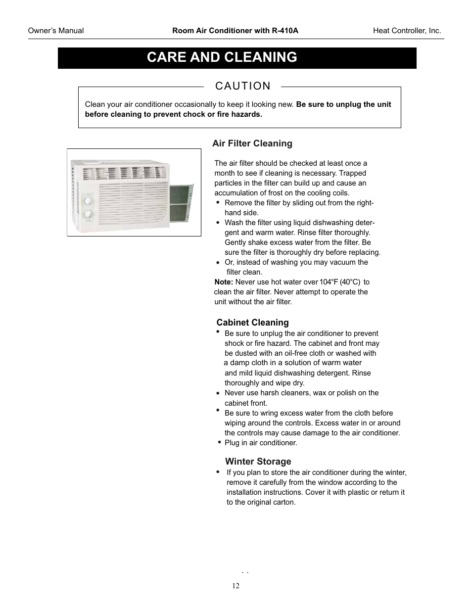 Caution, Care and cleaning | Comfort-Aire RG-51G User Manual | Page 12 / 14