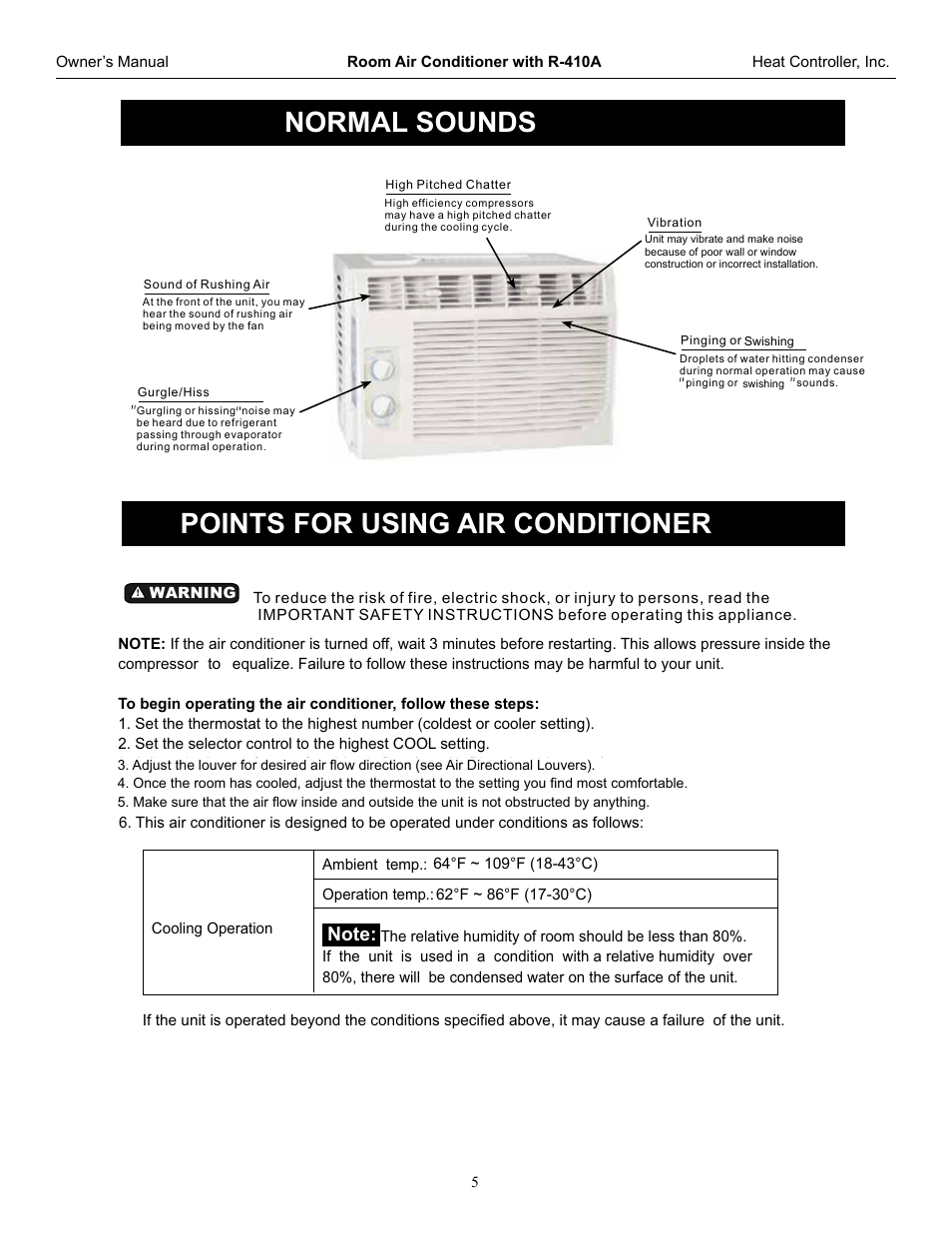 Window/wall type room air conditioner, Normal sounds air conditioner features, Normal sounds | Points for using air conditioner | Comfort-Aire RG-51G User Manual | Page 6 / 14