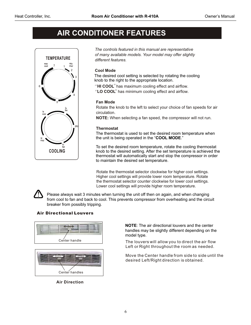 Air conditioner features, Cooling | Comfort-Aire RG-51G User Manual | Page 7 / 14