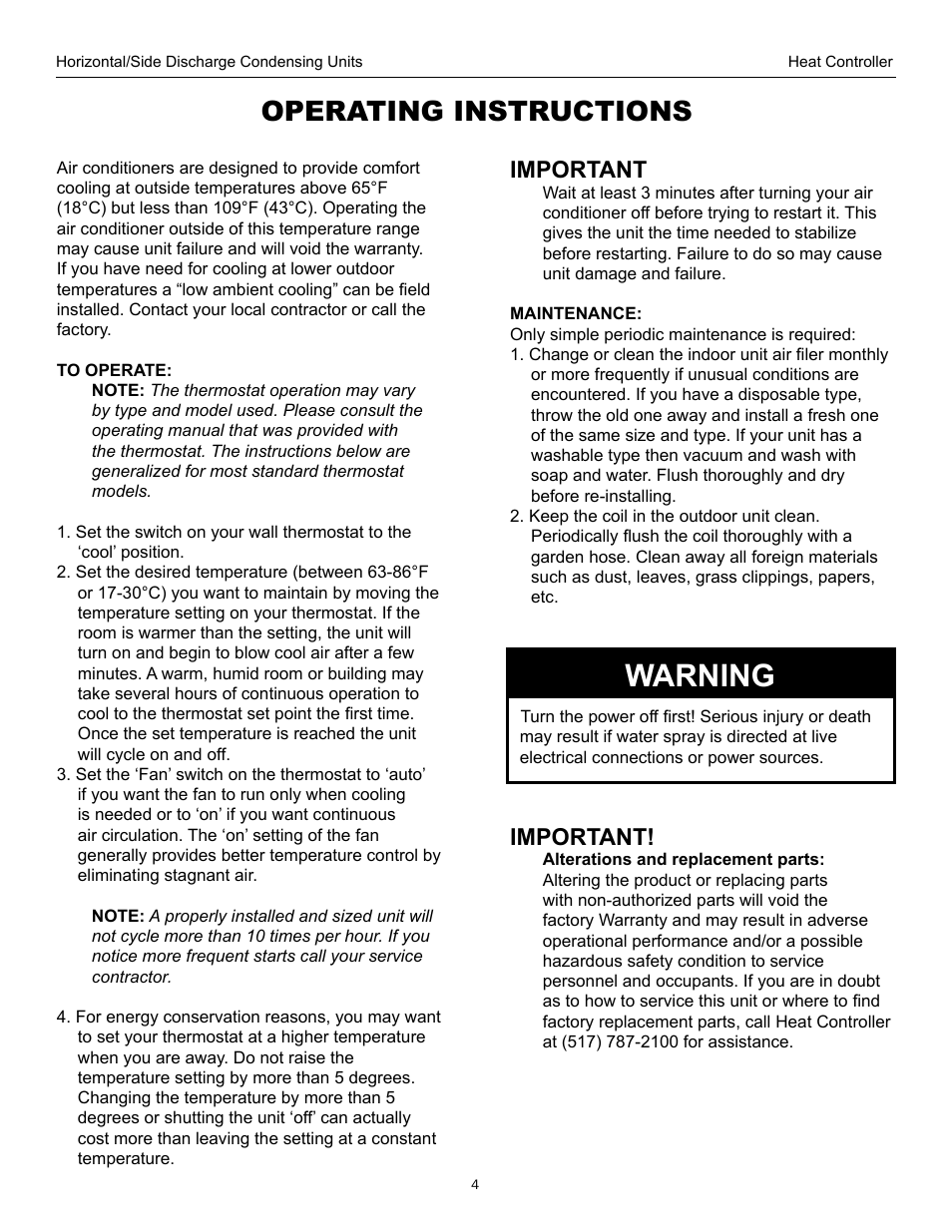 Warning, Operating instructions, Important | Comfort-Aire CMA36SB-1 User Manual | Page 4 / 13