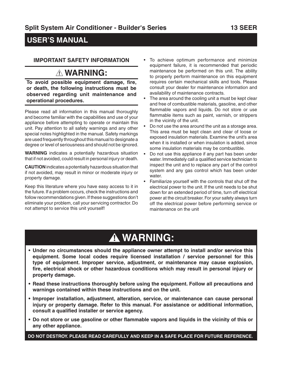 Comfort-Aire RSG R-Series User Manual | 4 pages