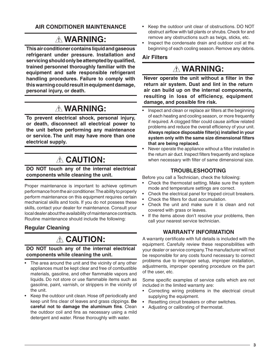 Warning, Caution | Comfort-Aire RSG R-Series User Manual | Page 3 / 4