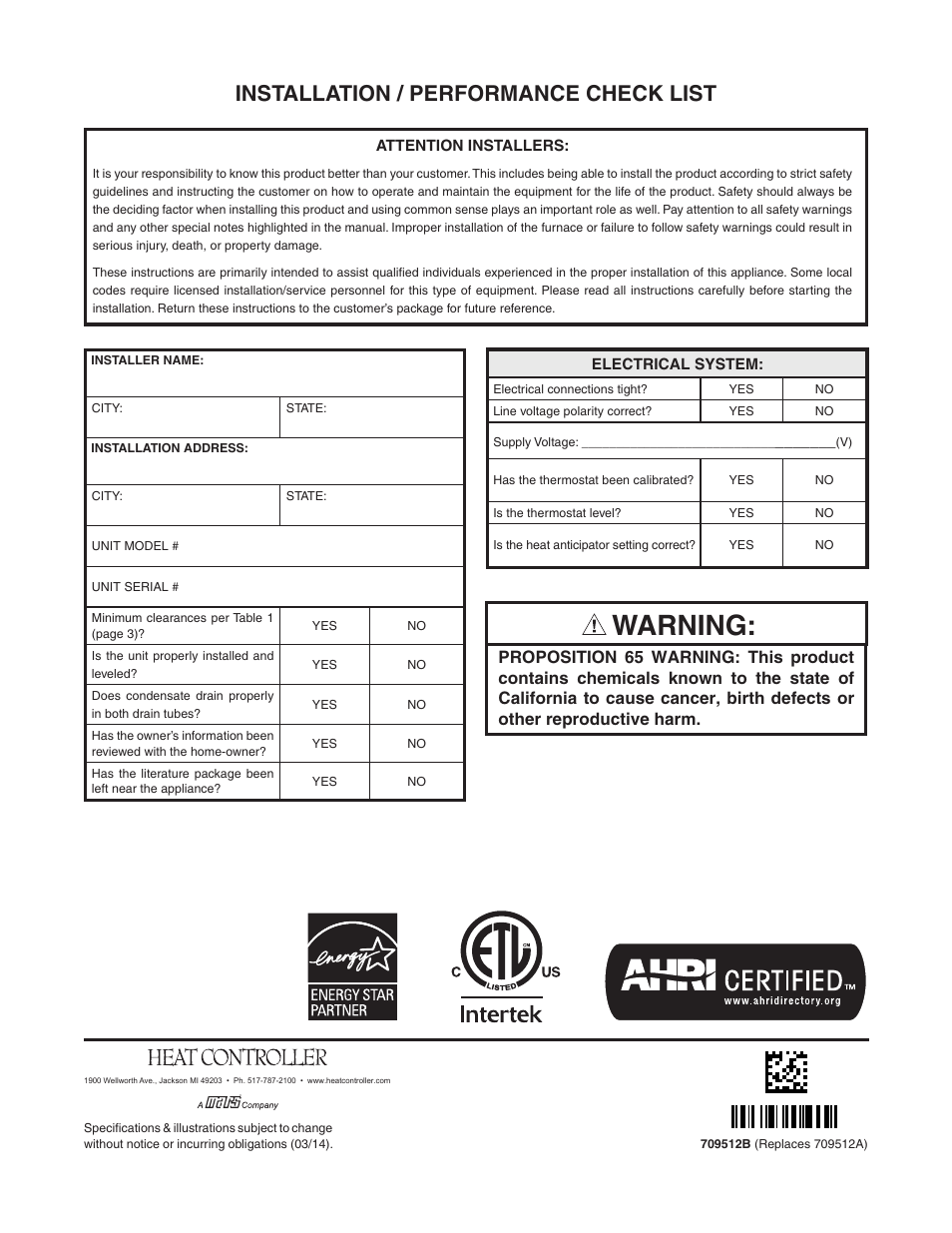 Warning, Installation / performance check list | Comfort-Aire FMG****X1E Series User Manual | Page 20 / 20