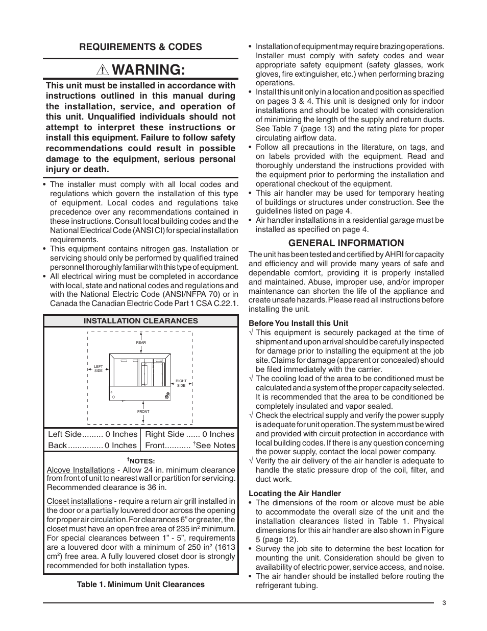 Warning, Requirements & codes, General information | Comfort-Aire FMG****X1E Series User Manual | Page 3 / 20