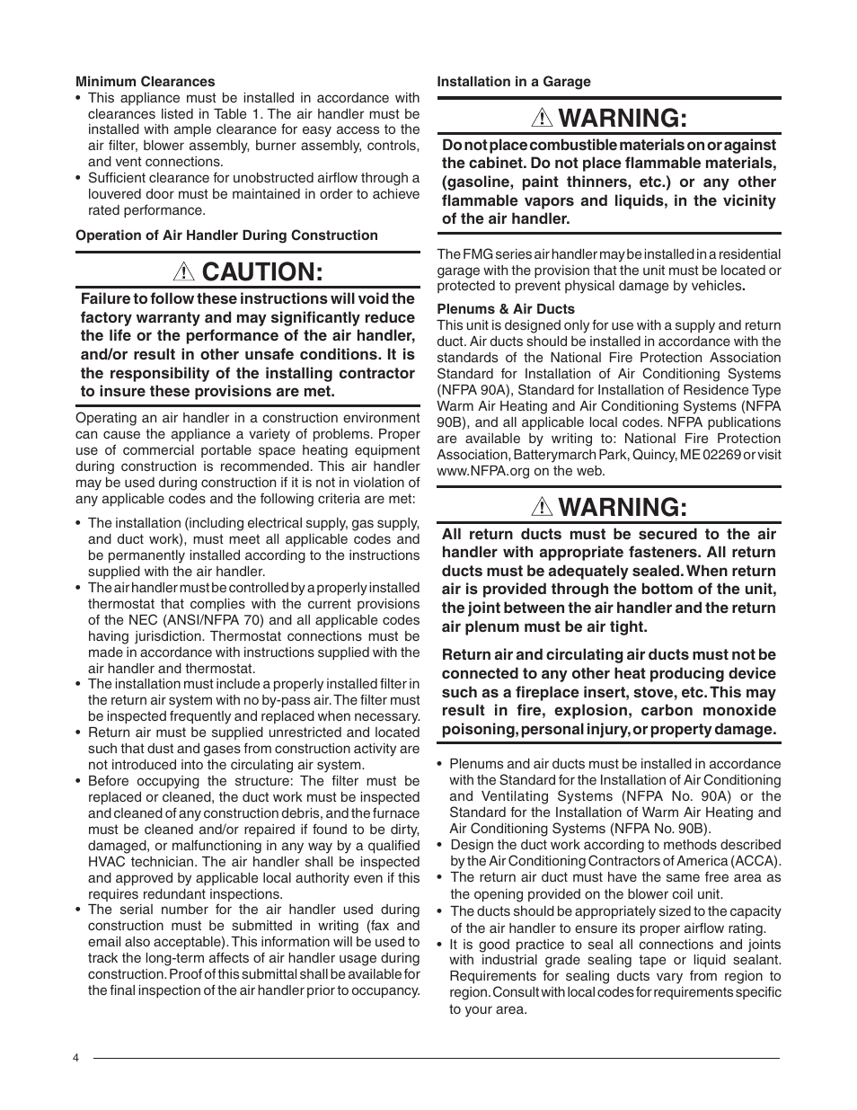 Caution, Warning | Comfort-Aire FMG****X1E Series User Manual | Page 4 / 20