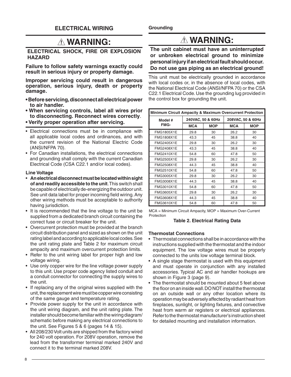 Warning, Electrical wiring | Comfort-Aire FMG****X1E Series User Manual | Page 8 / 20