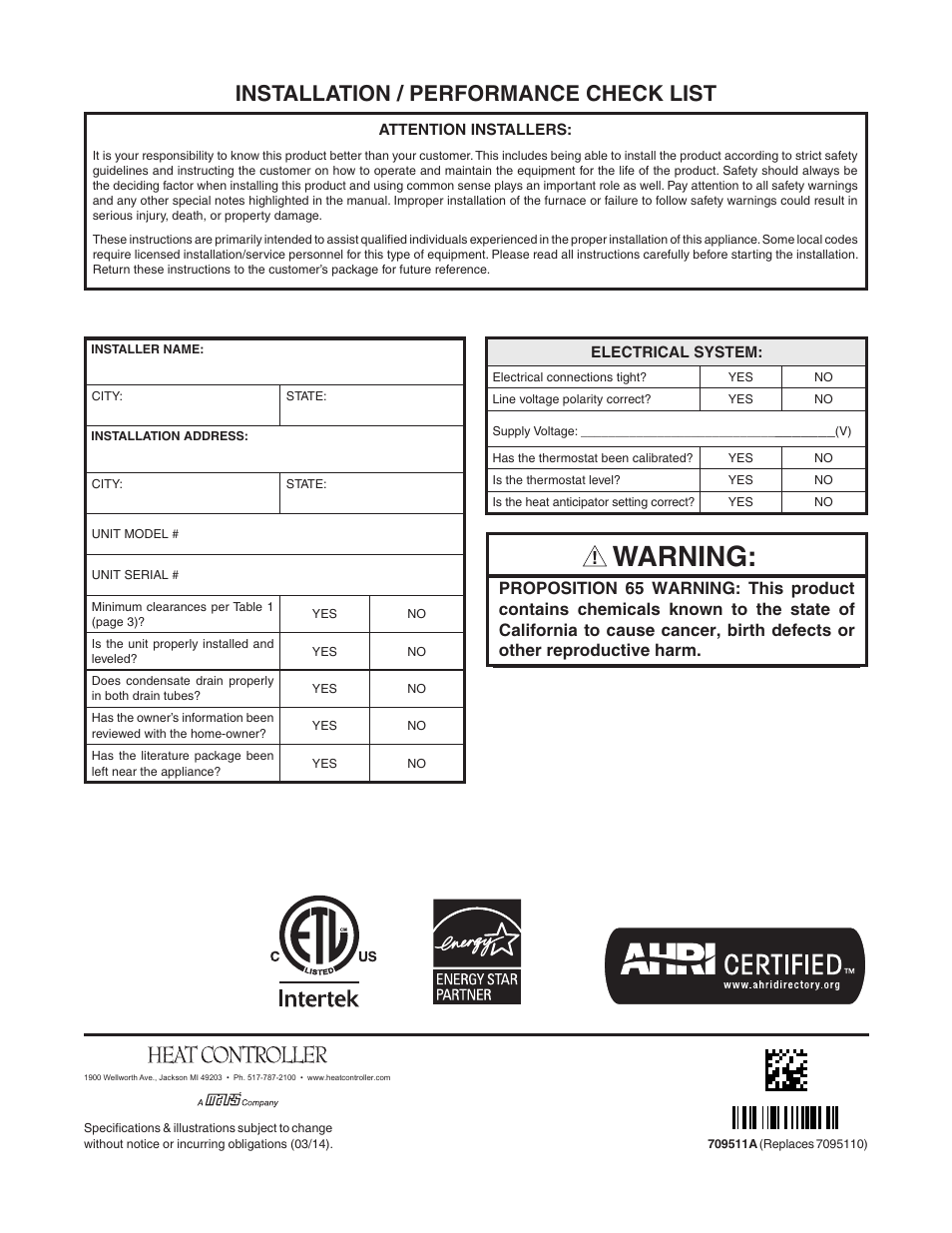 Warning, Installation / performance check list | Comfort-Aire FMG****F1E Series User Manual | Page 20 / 20