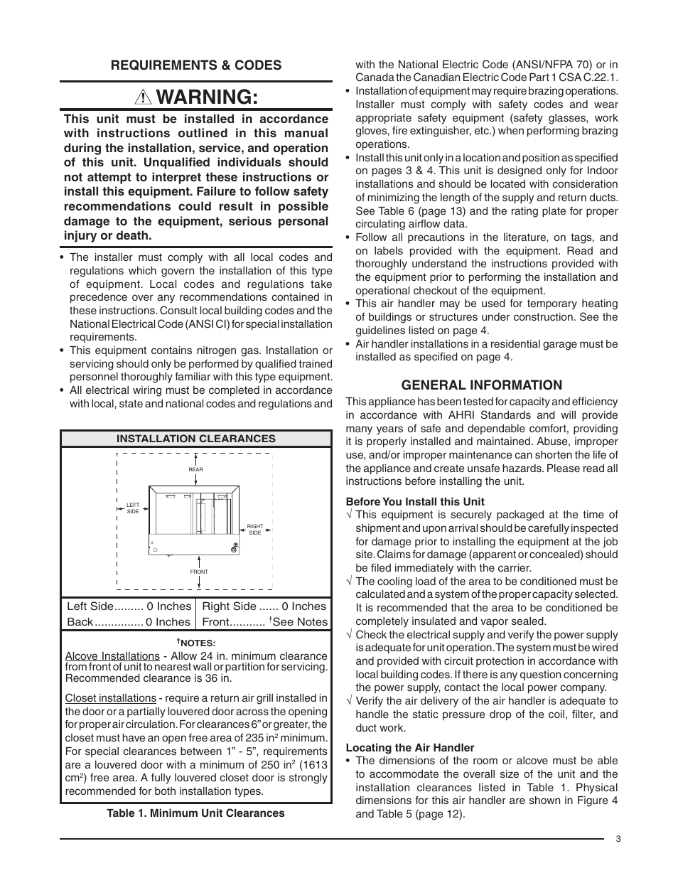 Warning, Requirements & codes, General information | Comfort-Aire FMG****F1E Series User Manual | Page 3 / 20