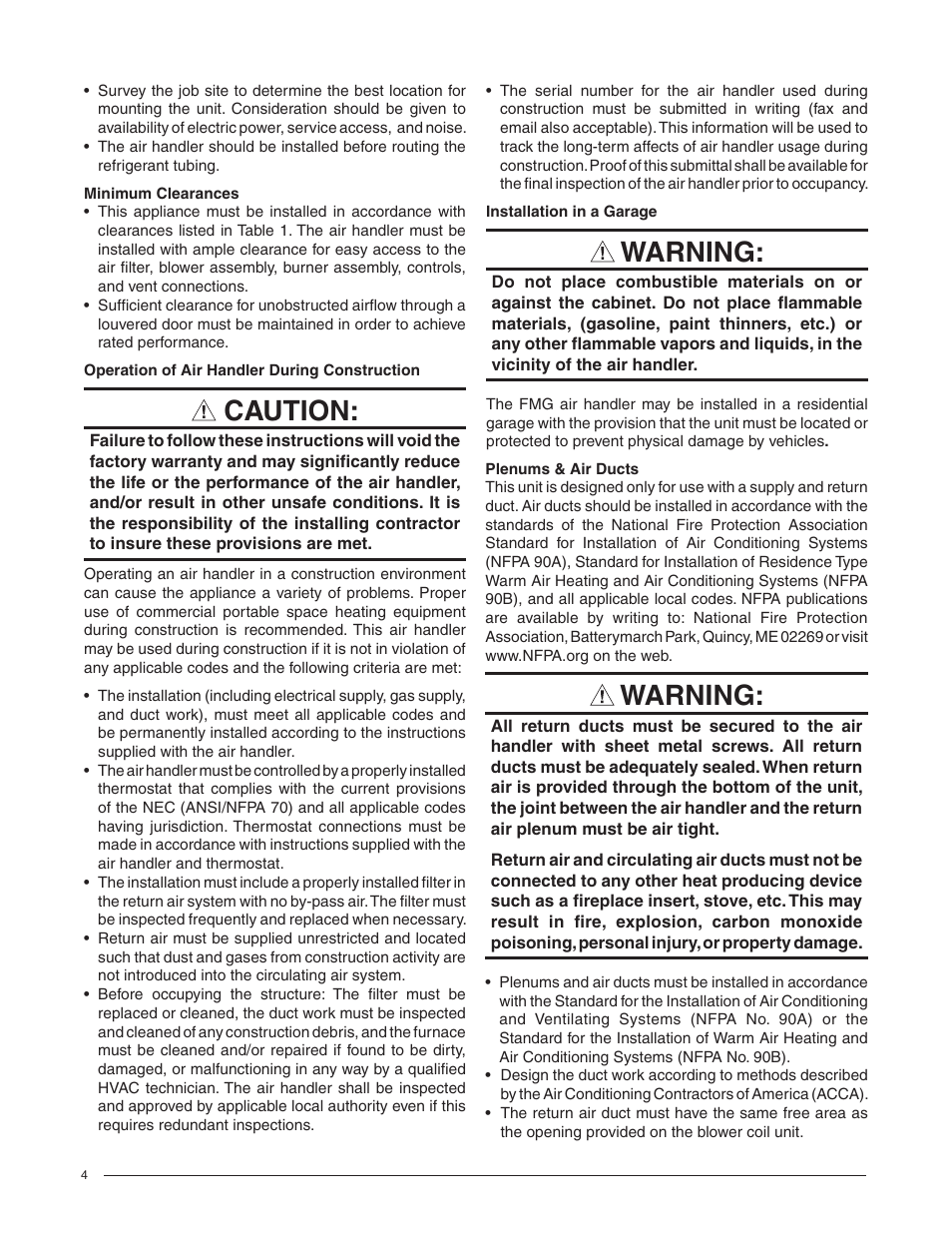 Caution, Warning | Comfort-Aire FMG****F1E Series User Manual | Page 4 / 20