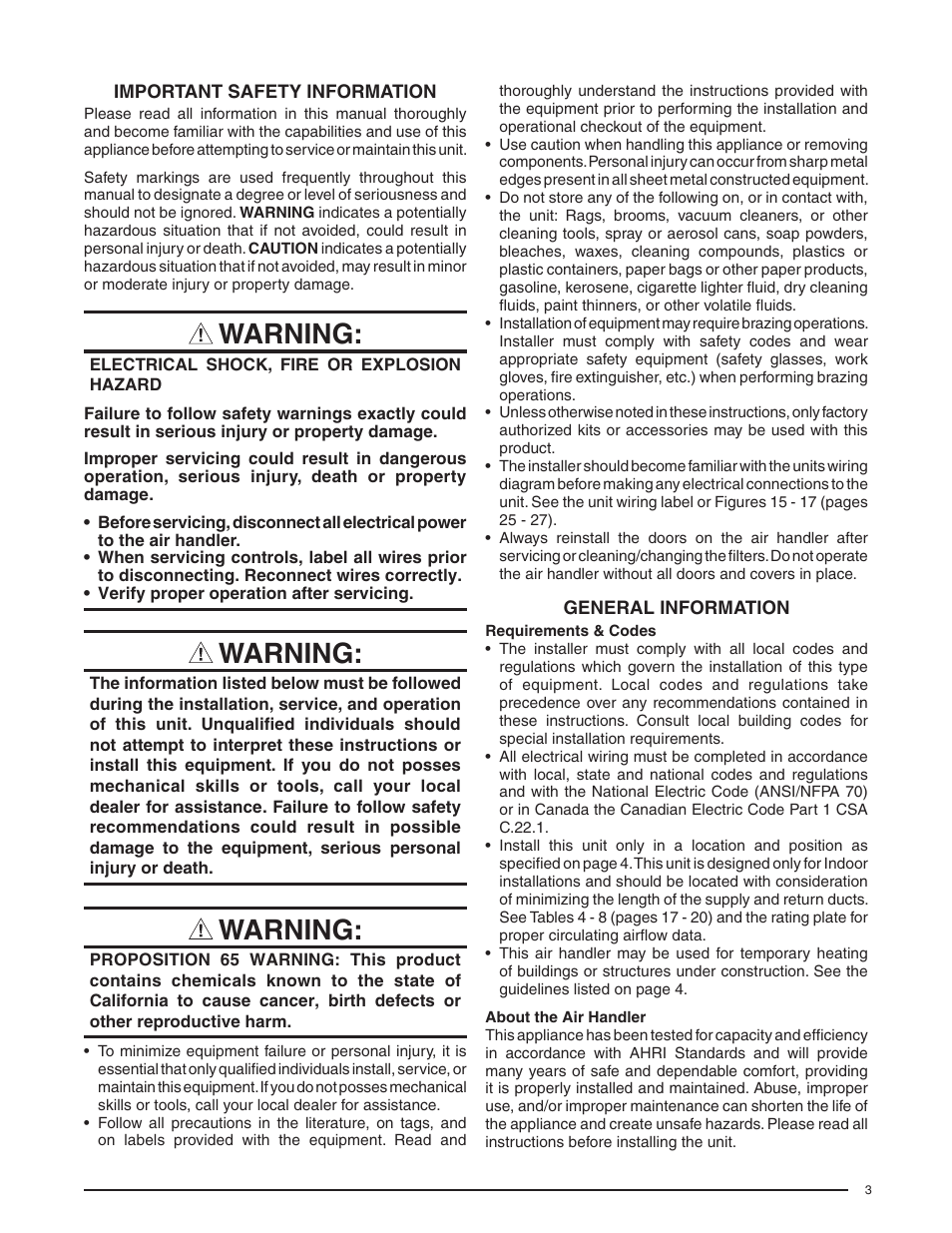 Warning | Comfort-Aire HMB**V*1E SERIES User Manual | Page 3 / 32
