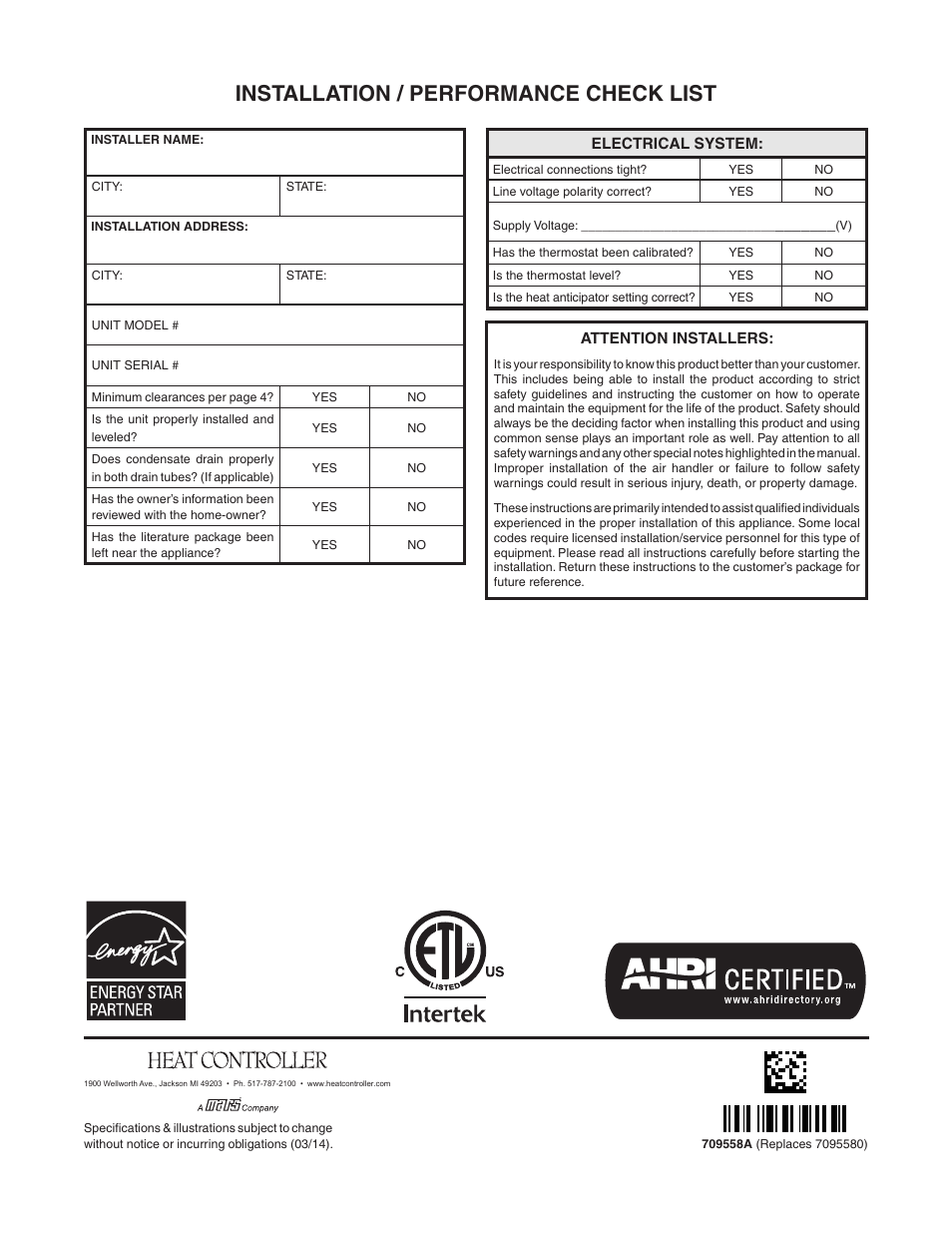 Installation / performance check list | Comfort-Aire HMB**V*1E SERIES User Manual | Page 32 / 32
