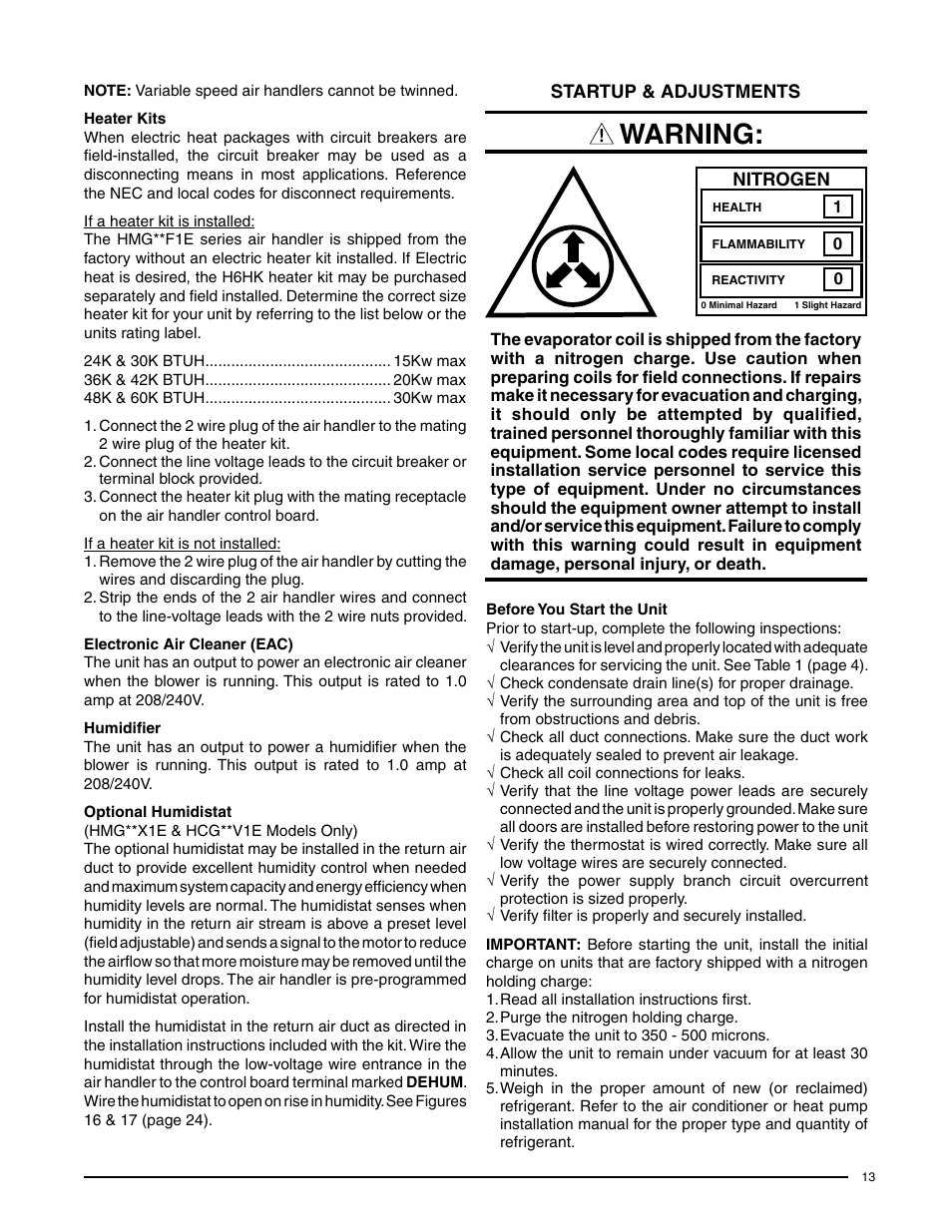 Warning | Comfort-Aire HCG**V1E Series User Manual | Page 13 / 32