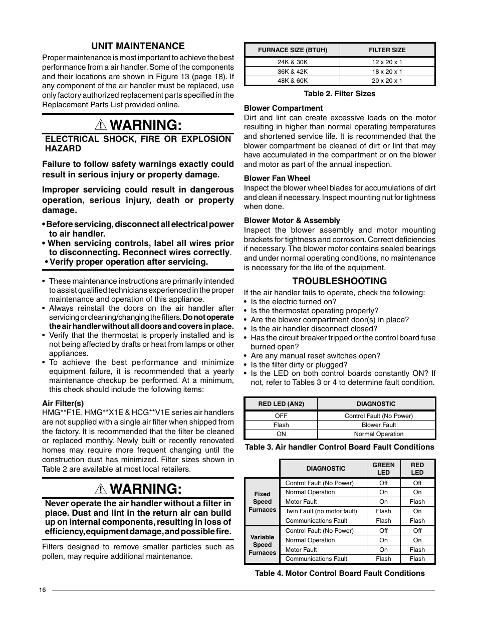 Warning, Troubleshooting, Unit maintenance | Comfort-Aire HCG**V1E Series User Manual | Page 16 / 32