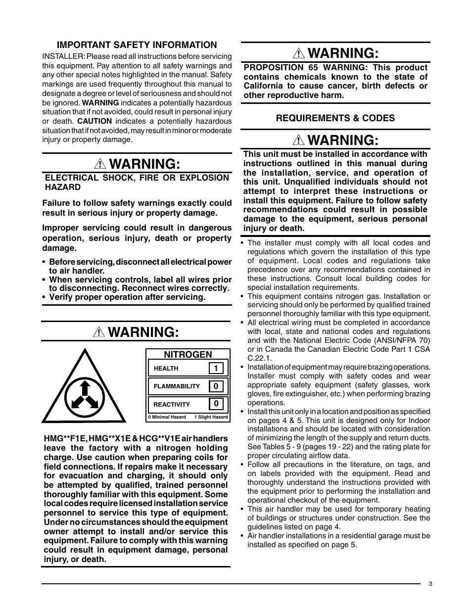Warning | Comfort-Aire HCG**V1E Series User Manual | Page 3 / 32