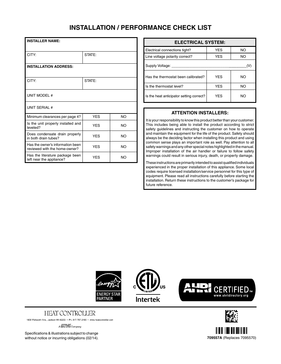 Installation / performance check list | Comfort-Aire HCG**V1E Series User Manual | Page 32 / 32