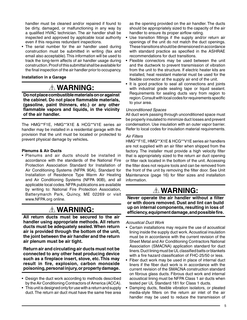 Warning | Comfort-Aire HCG**V1E Series User Manual | Page 5 / 32