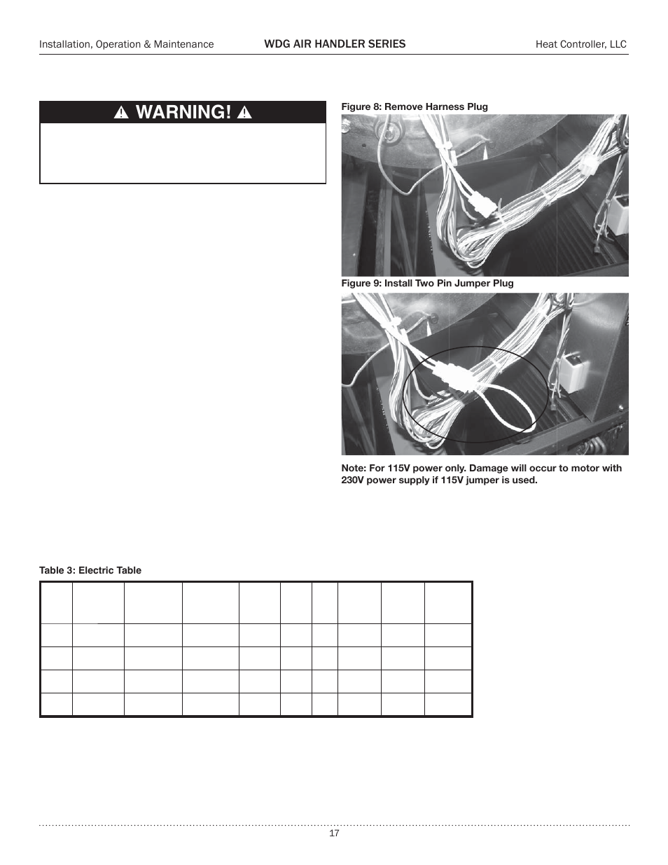 Electrical - power wiring, Warning, Wdg air handler series | Installation, operation & maintenance, Heat controller, llc | Comfort-Aire WDG Air Handler Series User Manual | Page 17 / 24