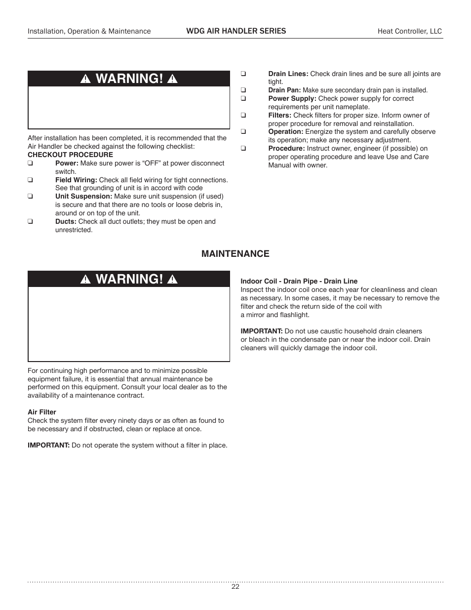 Unit & system checkout, Warning | Comfort-Aire WDG Air Handler Series User Manual | Page 22 / 24