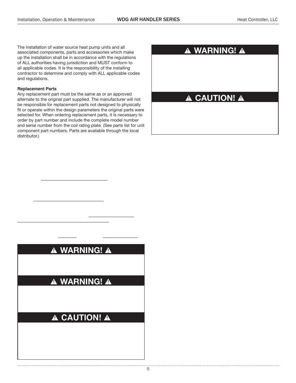 Safety, Caution, Warning | Warning! caution | Comfort-Aire WDG Air Handler Series User Manual | Page 5 / 24