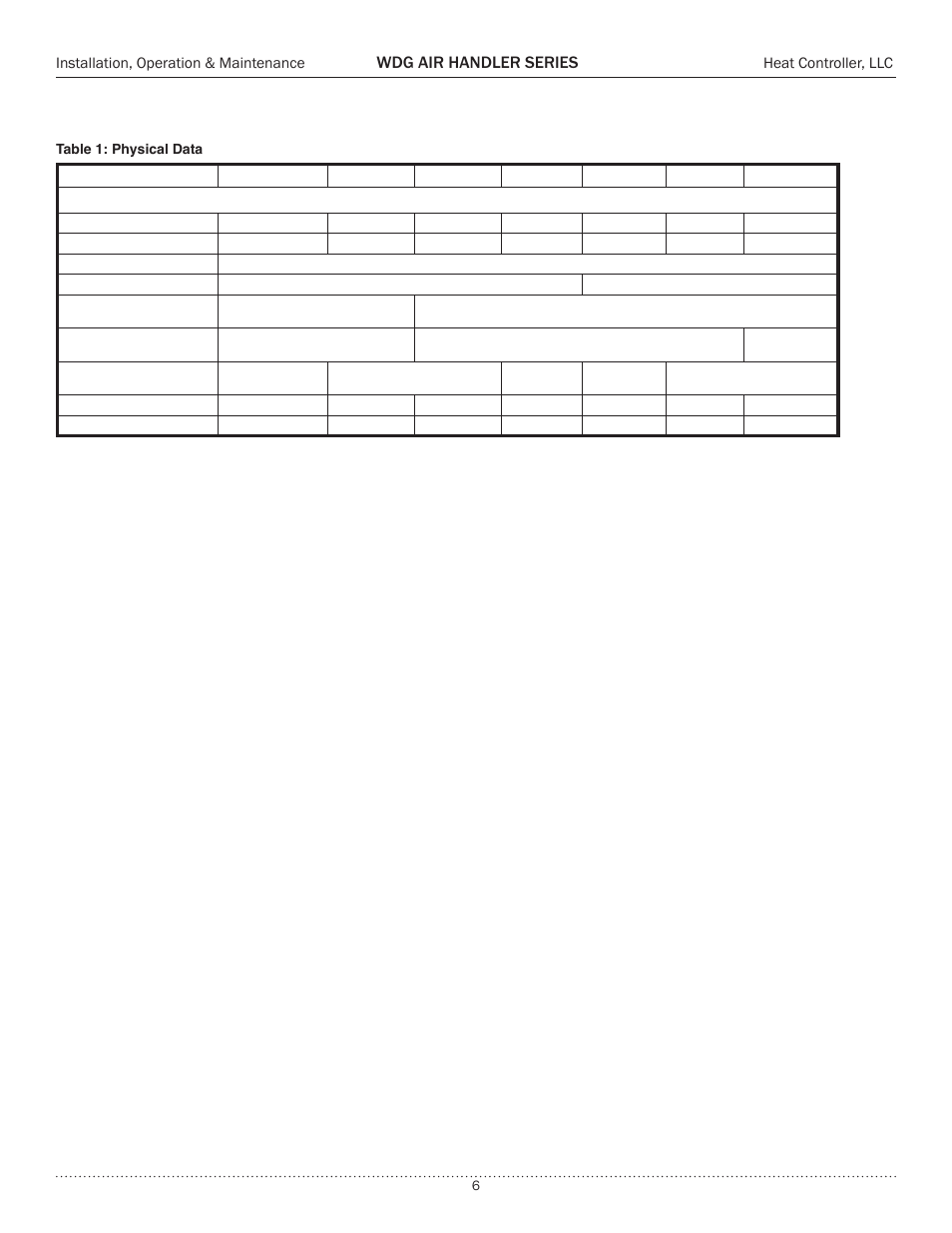 Model physical data, Wdg air handler series, Installation, operation & maintenance | Heat controller, llc | Comfort-Aire WDG Air Handler Series User Manual | Page 6 / 24
