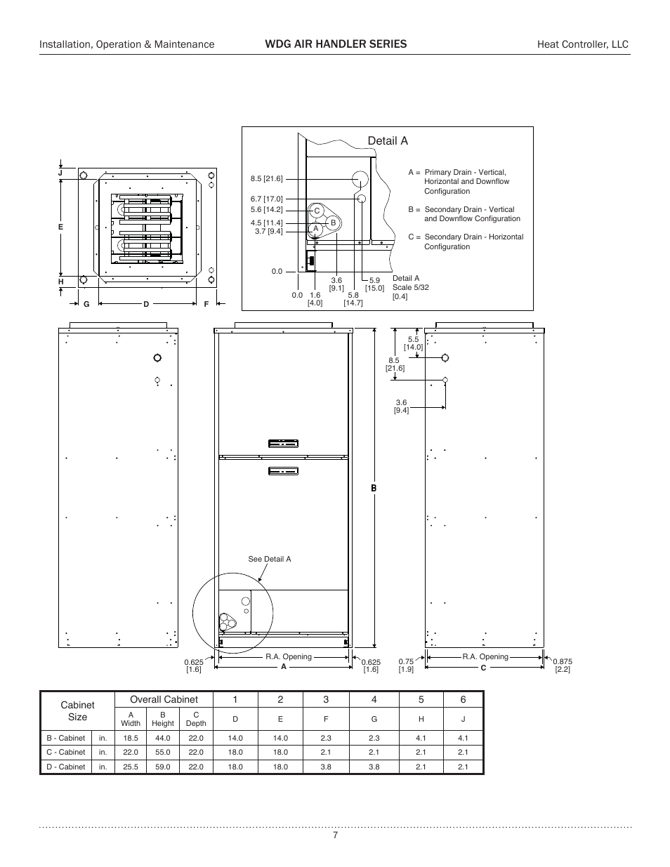 Unit dimensional data, Wdg air handler series, Detail a | Installation, operation & maintenance, Heat controller, llc | Comfort-Aire WDG Air Handler Series User Manual | Page 7 / 24