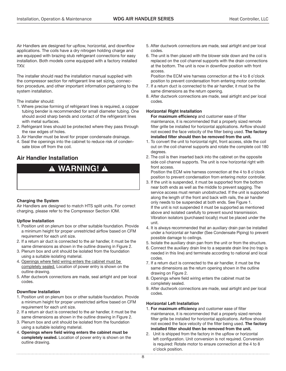 Installation, Warning, Air handler installation | Comfort-Aire WDG Air Handler Series User Manual | Page 8 / 24
