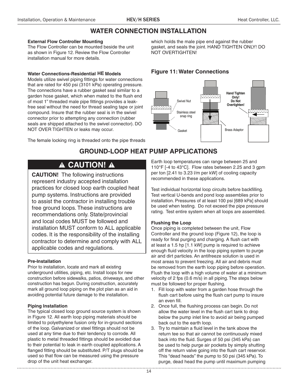Ѥ caution! ѥ, Water connection installation, Ground-loop heat pump applications | Comfort-Aire HEH Series 2 to 5 Tons User Manual | Page 14 / 46