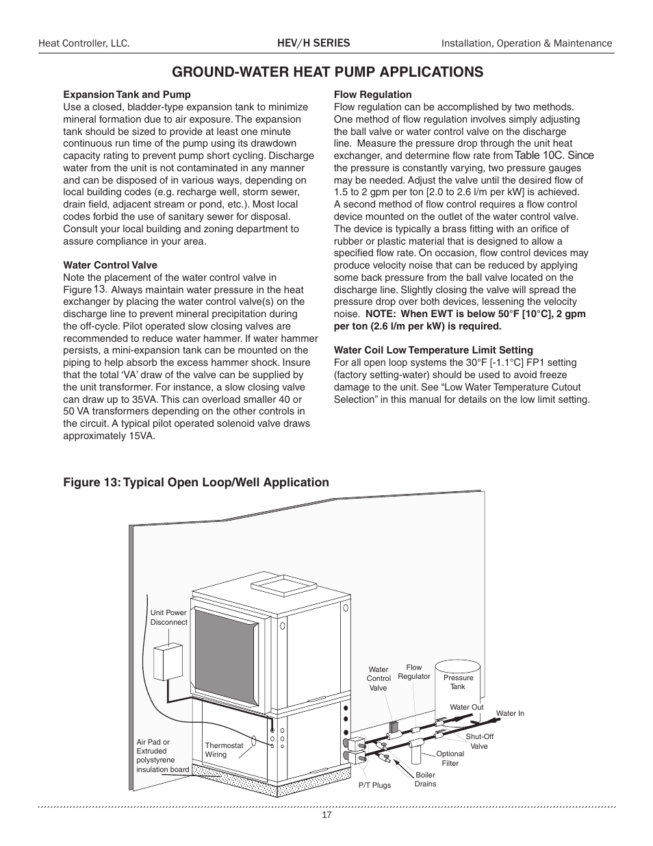 Ground-water heat pump applications, Hev/h series, Figure 13: typical open loop/well application | Table 10c. since | Comfort-Aire HEH Series 2 to 5 Tons User Manual | Page 17 / 46