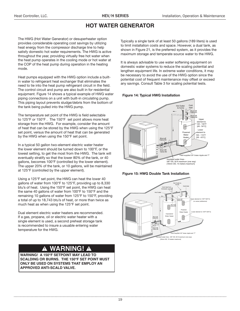 Warning, Hot water generator, Hev/h series | Heat controller, llc, Installation, operation & maintenance | Comfort-Aire HEH Series 2 to 5 Tons User Manual | Page 19 / 46