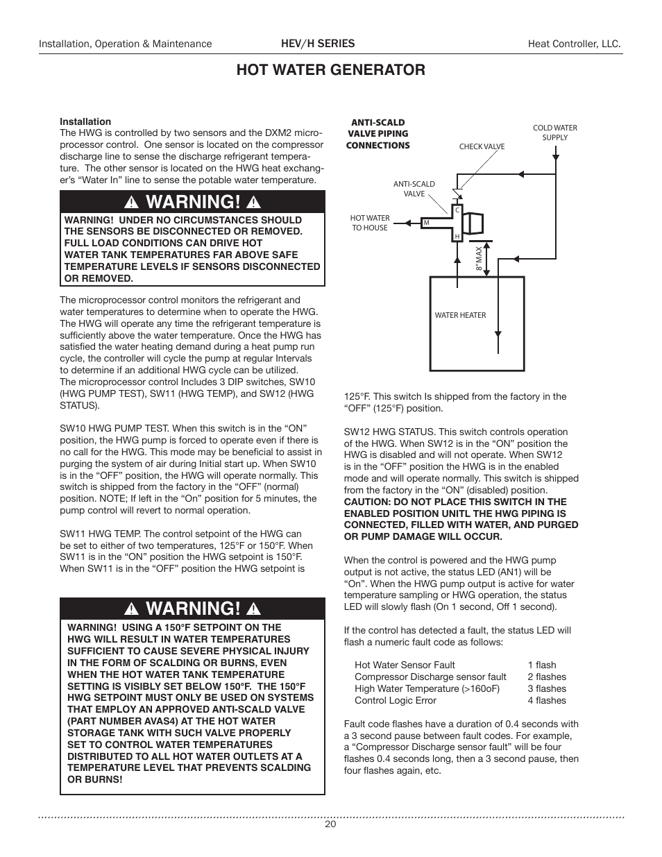 Warning, Hot water generator | Comfort-Aire HEH Series 2 to 5 Tons User Manual | Page 20 / 46