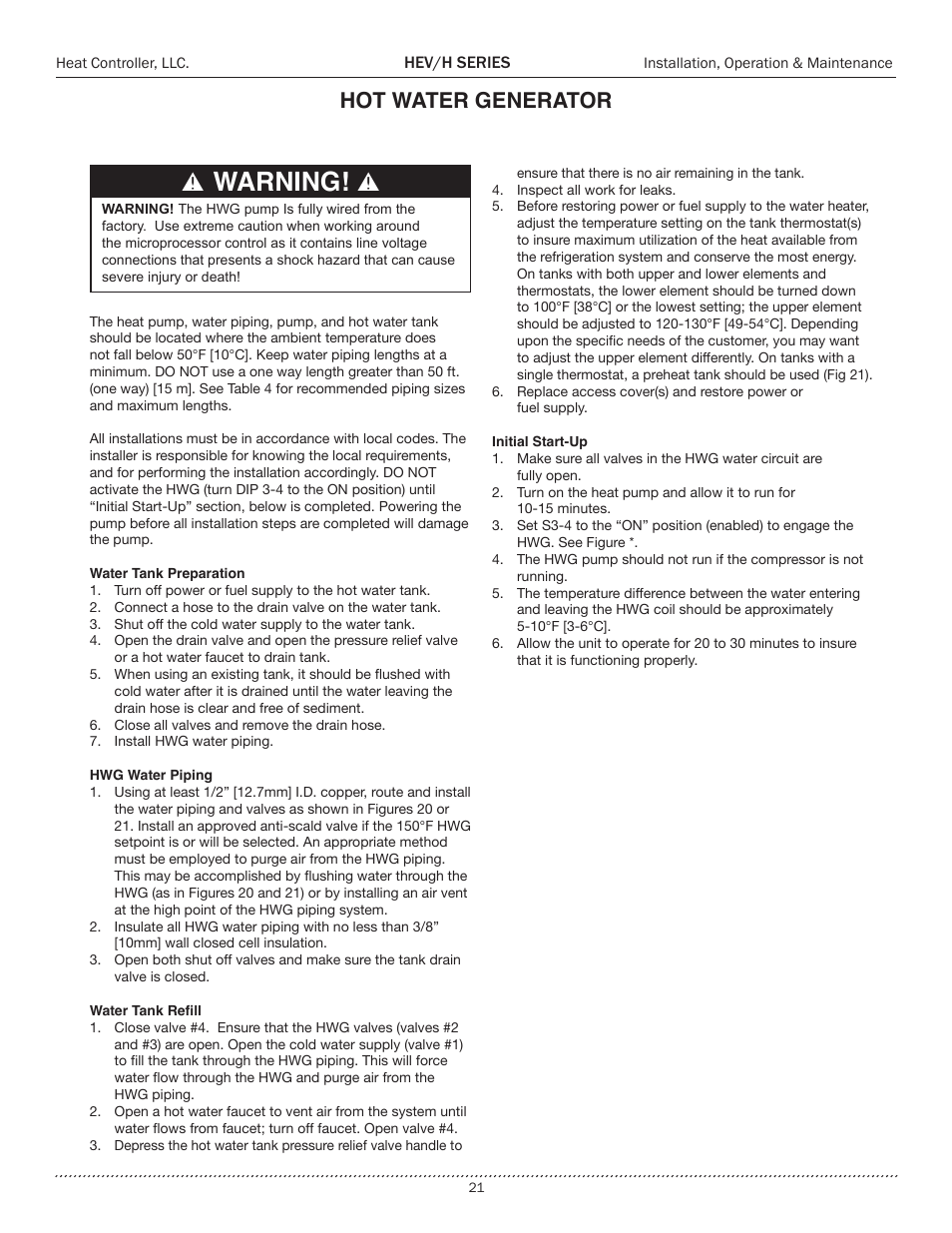 Warning, Hot water generator | Comfort-Aire HEH Series 2 to 5 Tons User Manual | Page 21 / 46