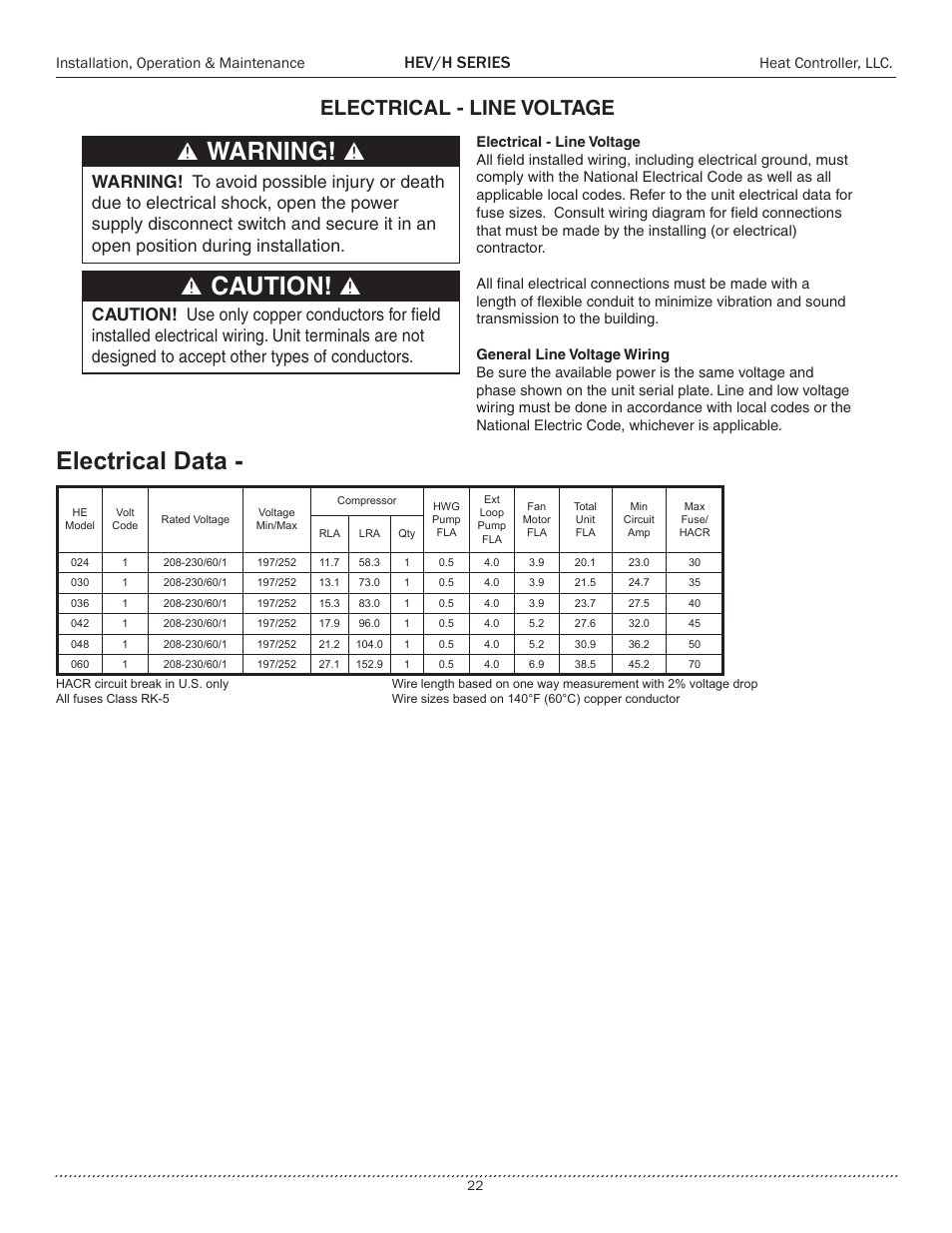 Ѥ warning! ѥ ѥ caution! ѥ, Electrical data, Electrical - line voltage | Hev/h series, Installation, operation & maintenance, Heat controller, llc | Comfort-Aire HEH Series 2 to 5 Tons User Manual | Page 22 / 46