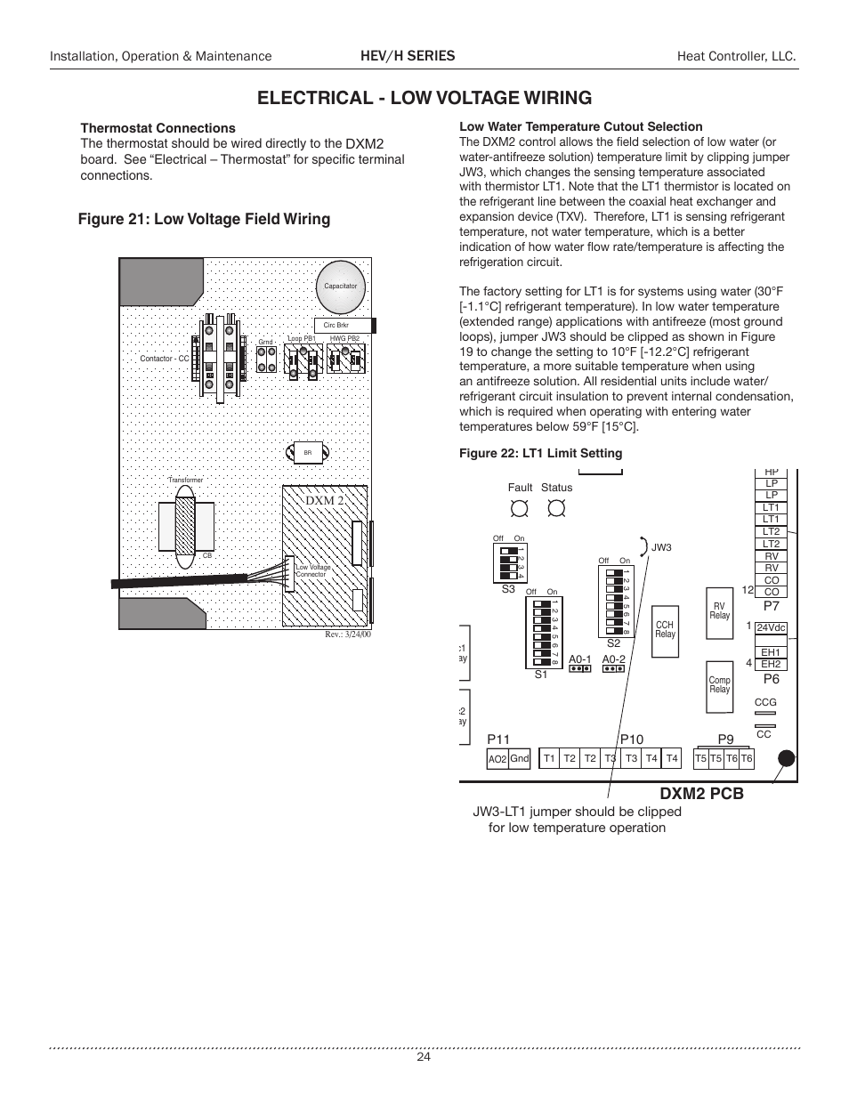 Electrical - lo, Electrical - low voltage wiring, Dxm2 pcb | Hev/h series, Figure 21: low voltage field wiring | Comfort-Aire HEH Series 2 to 5 Tons User Manual | Page 24 / 46