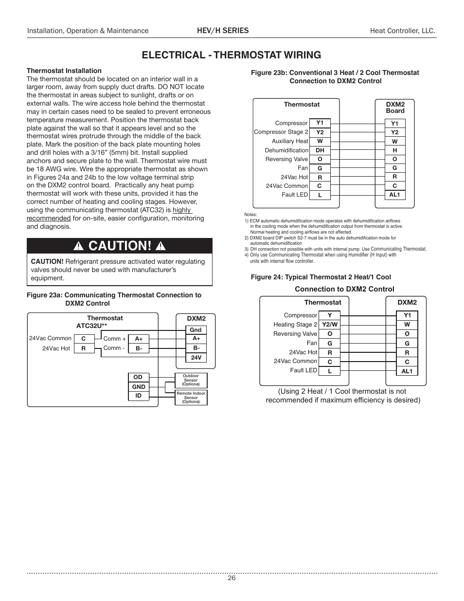 Caution, Electrical - thermostat wiring, Hev/h series | Comfort-Aire HEH Series 2 to 5 Tons User Manual | Page 26 / 46