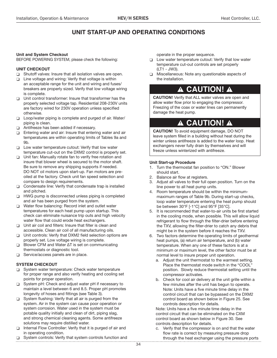 Caution, Unit start-up and operating conditions | Comfort-Aire HEH Series 2 to 5 Tons User Manual | Page 34 / 46