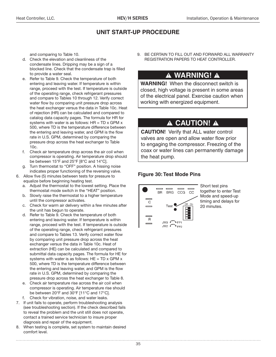 Ѥ warning! ѥ ѥ caution! ѥ, Unit start-up procedure | Comfort-Aire HEH Series 2 to 5 Tons User Manual | Page 35 / 46