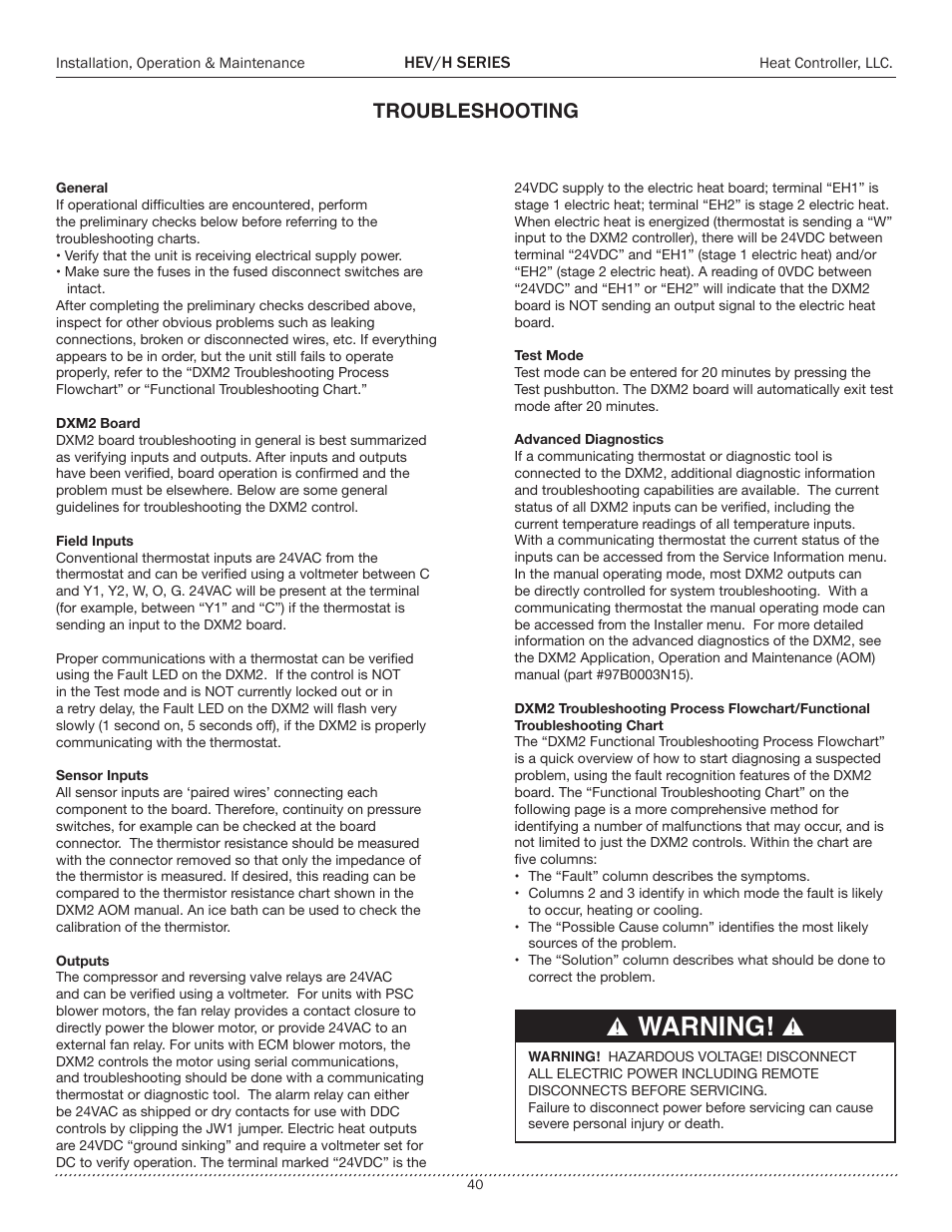 Warning, Troubleshooting | Comfort-Aire HEH Series 2 to 5 Tons User Manual | Page 40 / 46