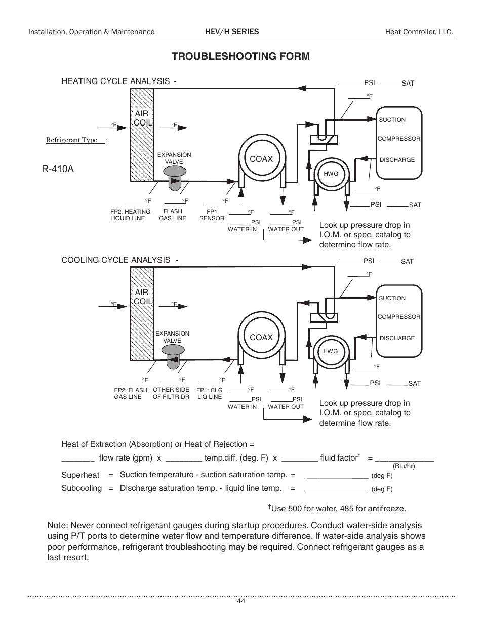 Troubleshooting form, R-410a, Hev/h series | Comfort-Aire HEH Series 2 to 5 Tons User Manual | Page 44 / 46