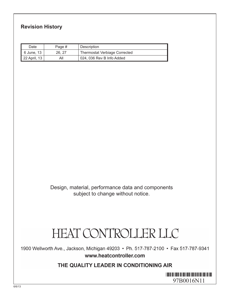 Revision history | Comfort-Aire HEH Series 2 to 5 Tons User Manual | Page 46 / 46
