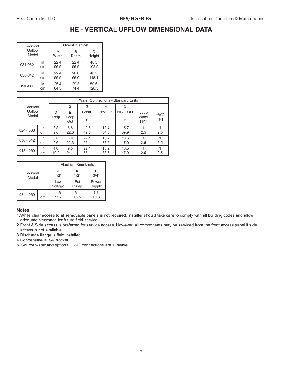 He - vertical upflow dimensional data, Hev/h series | Comfort-Aire HEH Series 2 to 5 Tons User Manual | Page 7 / 46