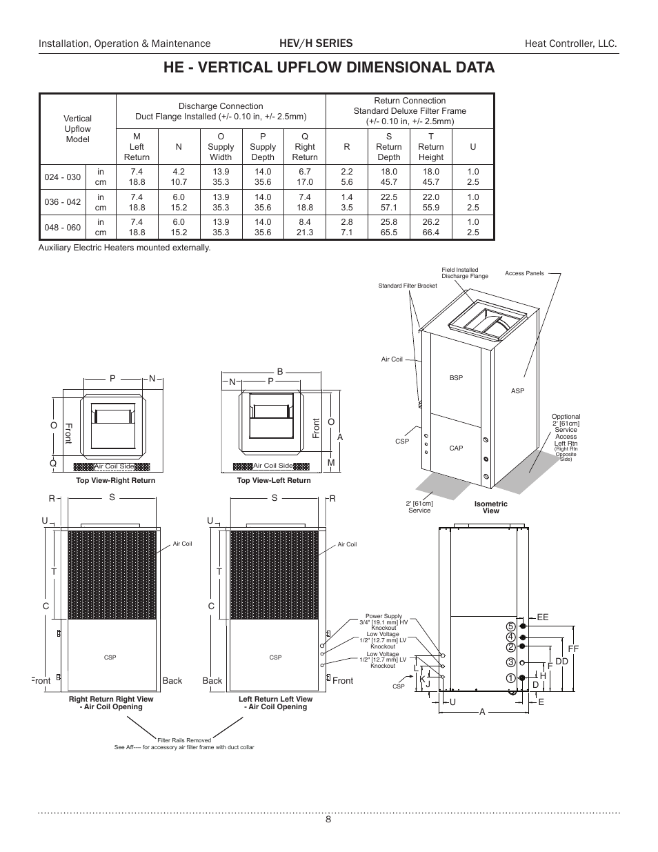 He - vertical upflow dimensional data, Hev/h series, Residential filter rack shown | Installation, operation & maintenance, Heat controller, llc | Comfort-Aire HEH Series 2 to 5 Tons User Manual | Page 8 / 46