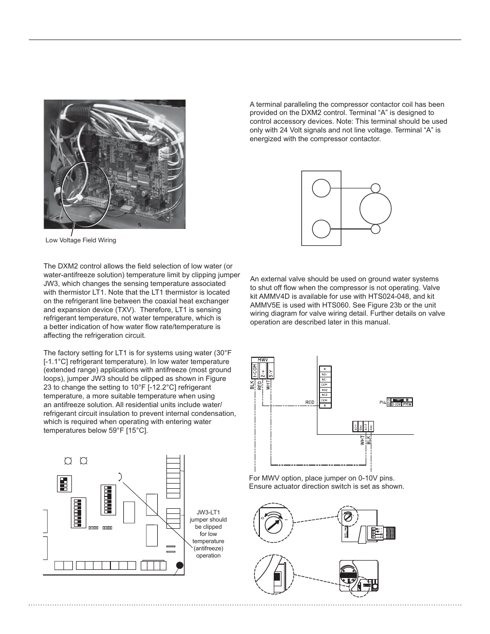 Electrical - low voltage, Dxm2 pcb, Hts series split system | Installation, operation & maintenance, Heat controller, llc, Figure 23: lt1 limit setting, Figure 23a: accessory wiring | Comfort-Aire HTS Series Split System,Two Stage, 2-5 Tons User Manual | Page 24 / 44