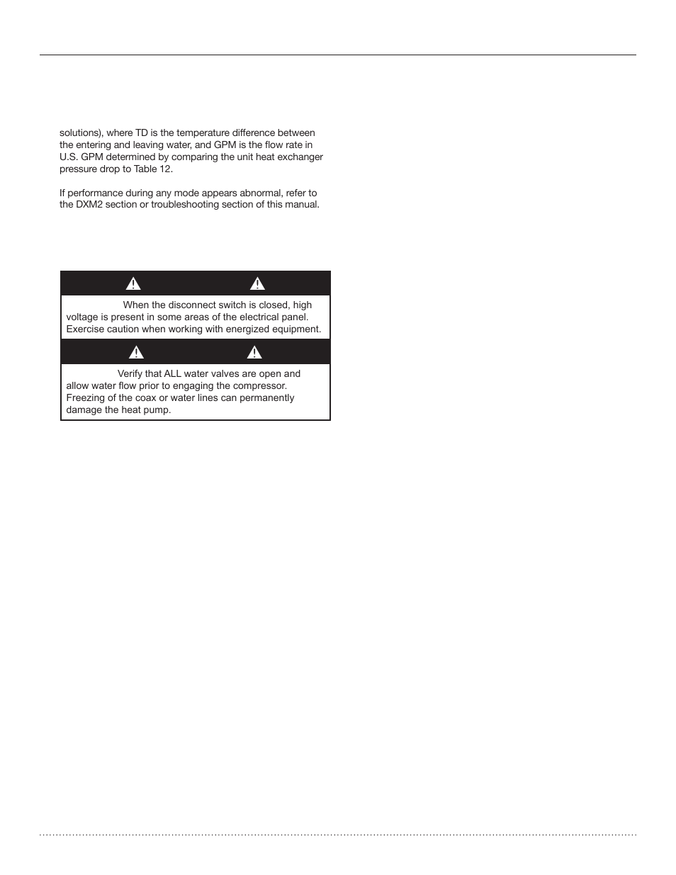 Unit start-up and operating conditions, Warning! caution | Comfort-Aire HTS Series Split System,Two Stage, 2-5 Tons User Manual | Page 32 / 44