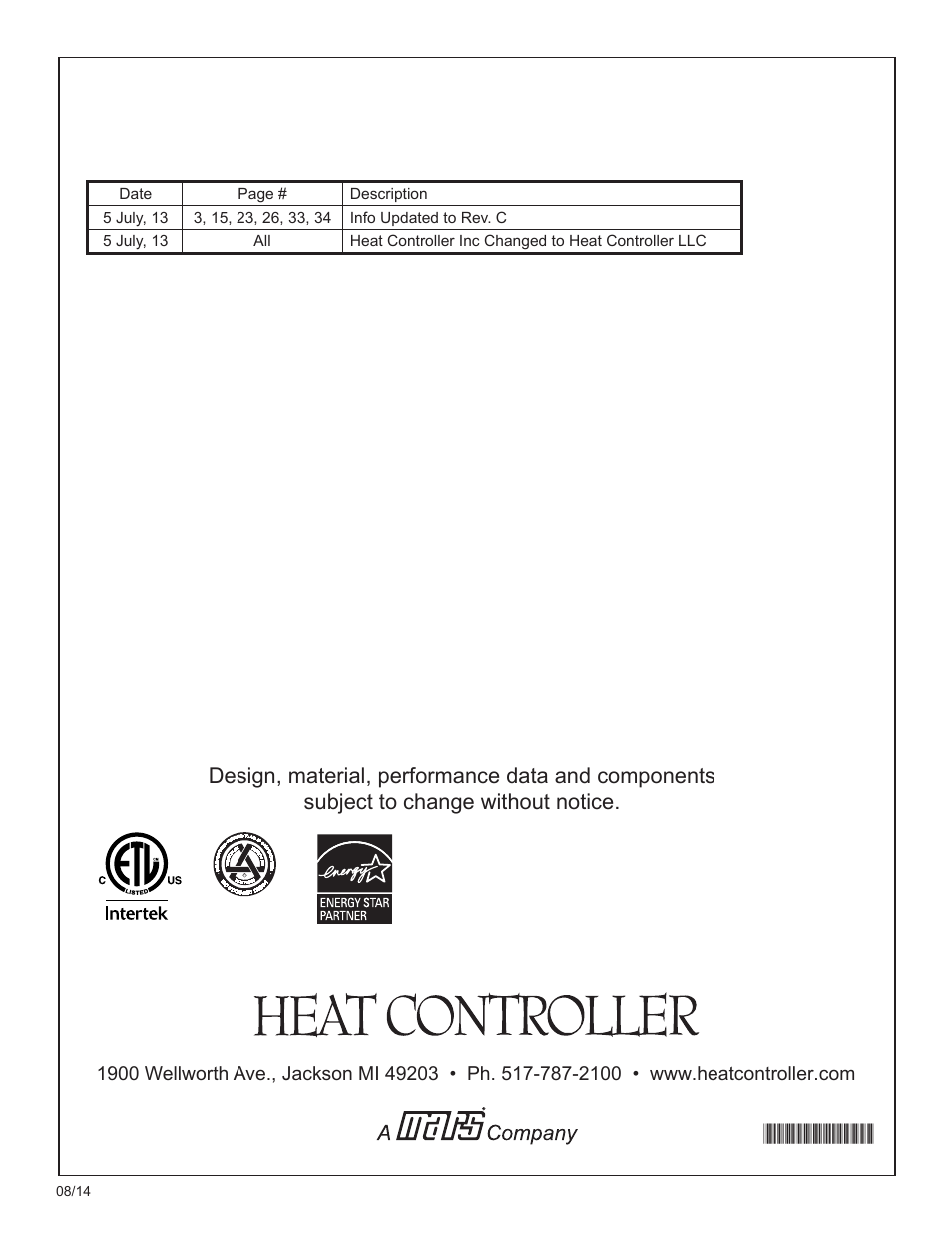 Revision history | Comfort-Aire HTS Series Split System,Two Stage, 2-5 Tons User Manual | Page 44 / 44